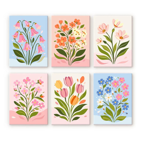 Picturi pe numere - Set 6 mini-picturi pe numere, cu sasiu, Flori pastel, 15x20cm