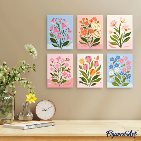 Set 6 mini-picturi pe numere, cu sasiu, Flori pastel, 15x20cm [2]