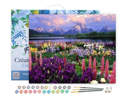 Set pictura pe numere, cu sasiu, Lac inflorit la poalele muntelui, 40x50 cm [1]