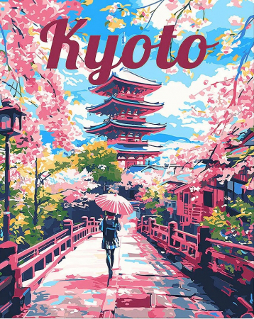 Dimensiune clasica 40x50cm - Set pictura pe numere, cu sasiu, Afis Kyoto, 40x50 cm