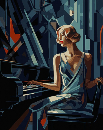 Dimensiune clasica 40x50cm - Set pictura pe numere, cu sasiu, Femeie la pian - Art Déco, 40x50 cm