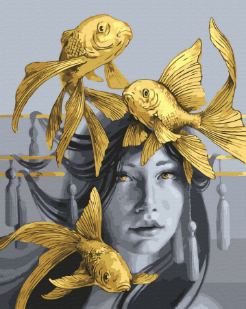 Picturi pe numere - Set pictura pe numere, cu sasiu, Pestisorii de aur  - vopsea aurie, 40x50 cm