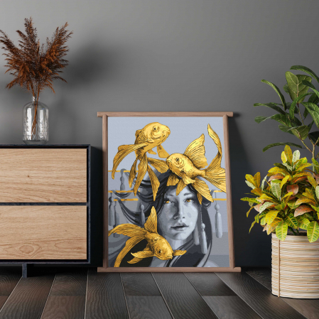 Set pictura pe numere, cu sasiu, Pestisorii de aur  - vopsea aurie, 40x50 cm [3]