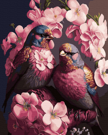 Picturi pe numere - Set pictura pe numere, cu sasiu, Pasari in flori roz, 40x50 cm