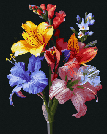 Set pictura pe numere, cu sasiu, Crini colorati - canvas negru, 40x50 cm [0]