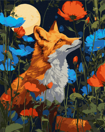 Dimensiune clasica 40x50cm - Set pictura pe numere, cu sasiu, Vulpe si flori, 40x50 cm