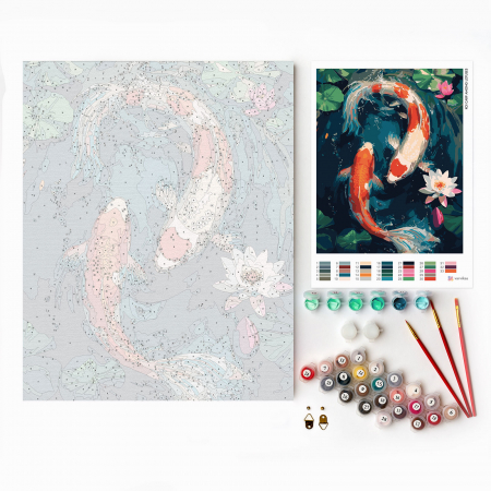 Set pictura pe numere, cu sasiu, Pesti japonezi si lotusi, 40x50 cm [3]