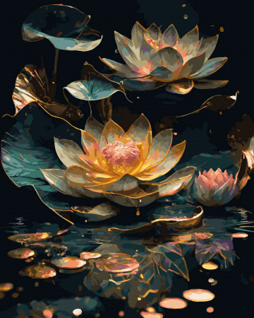 Aurii & metalizate - Set pictura pe numere, cu sasiu, Nuferi auriti - canvas negru, 40x50 cm