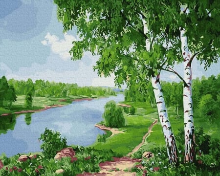 Dimensiune clasica 40x50cm - Set pictura pe numere, cu sasiu, Mesteceni langa rau, 40x50 cm
