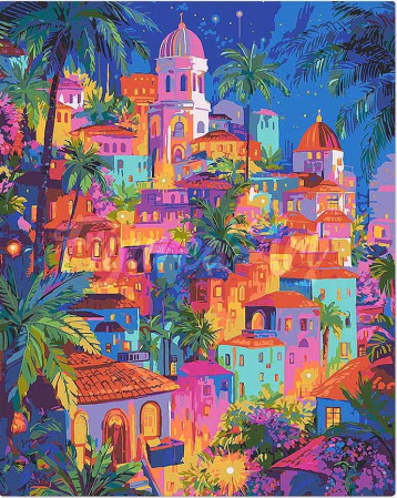 Dimensiune clasica 40x50cm - Set pictura pe numere, cu sasiu, Oras tropical de vis, 40x50 cm