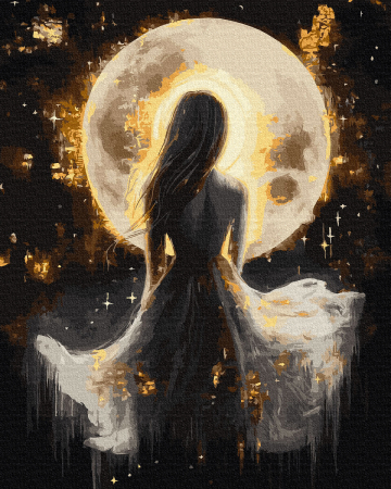 Dimensiune clasica 40x50cm - Set pictura pe numere, cu sasiu, Fata si luna - culori aurii, 40x50 cm
