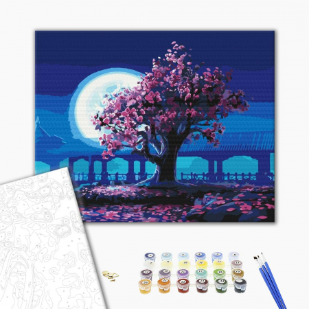 Set pictura pe numere, cu sasiu, Sakura sub luna, 40x50 cm [1]