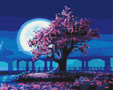 Set pictura pe numere, cu sasiu, Sakura sub luna, 40x50 cm [0]