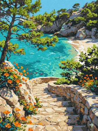 Picturi pe numere dimensiuni mici și medii – ușor de realizat, perfecte pentru orice spațiu - Set pictura pe numere, cu sasiu, Scari spre plaja viselor, 30x40 cm