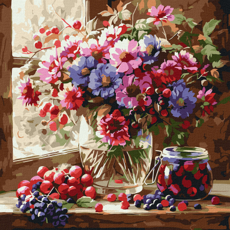 Picturi pe numere - Set pictura pe numere, cu sasiu, Buchet si fructe, 40x40 cm