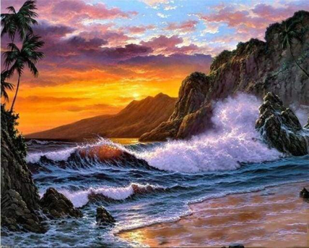 Picturi pe numere 40x50 cm – modele variate pentru toate gusturile - Set pictura pe numere, cu sasiu, Stanci si valuri, 40x50 cm