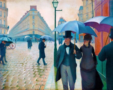Dimensiune clasica 40x50cm - Set pictura pe numere, cu sasiu, Strada din Paris in timp de ploaie - Gustave Caillebotte, 40x50 cm