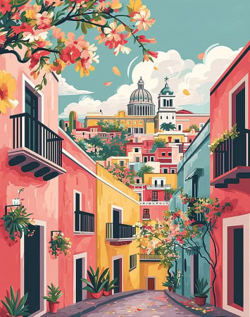 Picturi pe numere 40x50 cm – modele variate pentru toate gusturile - Set pictura pe numere, cu sasiu,  Straduta mediteraneana colorata 40x50 cm