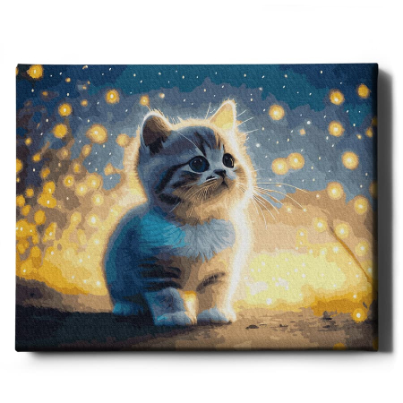 Dimensiune clasica 40x50cm - Set pictura pe numere, cu sasiu, Pisoi si licurici, 40x50 cm