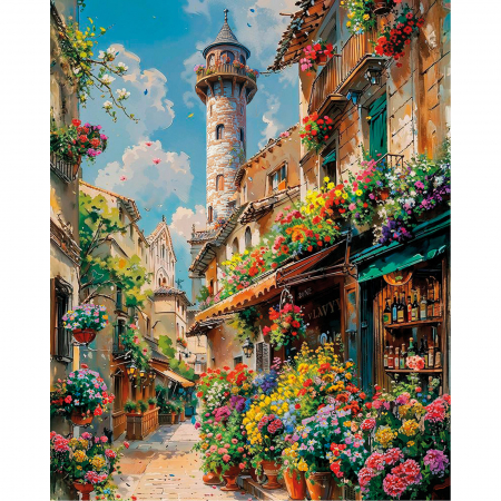 Dimensiune clasica 40x50cm - Set pictura pe numere, cu sasiu, Strada infloritoare, 40x50 cm