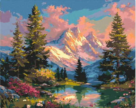 Picturi pe numere 40x50 cm – modele variate pentru toate gusturile - Set pictura pe numere, cu sasiu,Peisaj alpin la apus de soare, 40x50 cm