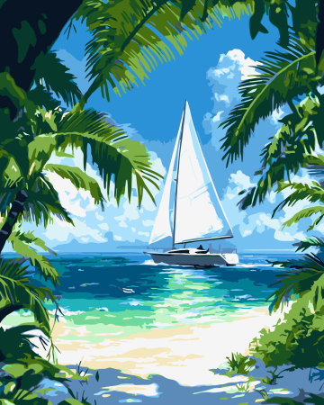 Picturi pe numere - Set pictura pe numere, cu sasiu, Plaja tropicala, 40x50 cm