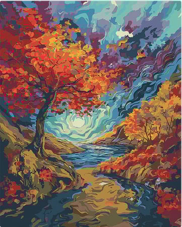 Dimensiune clasica 40x50cm - Set pictura pe numere, cu sasiu, Padure suprarealista inspiratie van Gogh, 40x50 cm