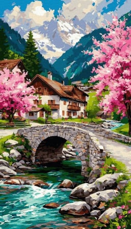 Picturi pe numere triptice și dimensiuni mari – tablouri cu impact vizual - Set pictura pe numere, cu sasiu, Paradis montan, 40x70 cm