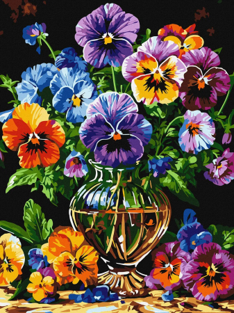 Picturi pe numere dimensiuni mici și medii – ușor de realizat, perfecte pentru orice spațiu - Set pictura pe numere, cu sasiu, Panselute colorate in vaza, 30x40 cm
