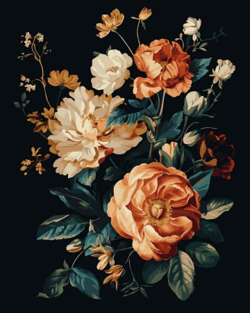 Dimensiune clasica 40x50cm - Set pictura pe numere, cu sasiu, Trandafiri 2 - canvas negru, 40x50 cm