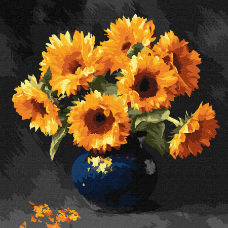 Dimensiuni medii si mici - Set pictura pe numere, cu sasiu, Floarea soarelui in intuneric, 40x40 cm