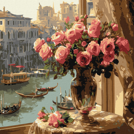 Picturi pe numere dimensiuni mici și medii – ușor de realizat, perfecte pentru orice spațiu - Set pictura pe numere, cu sasiu, Trandafiri in Venetia, 40x40 cm