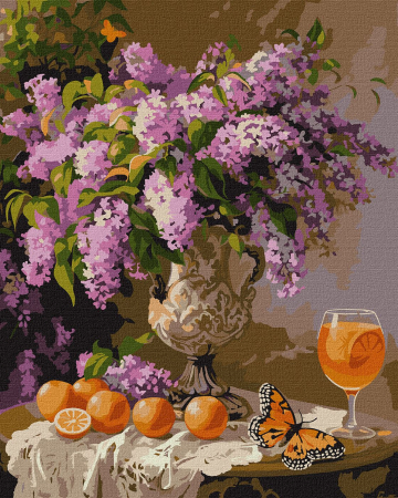 Dimensiune clasica 40x50cm - Set pictura pe numere, cu sasiu, Liliac si portocale, 40x50 cm