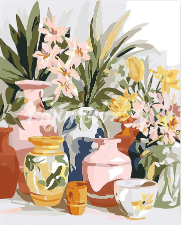Dimensiune clasica 40x50cm - Set pictura pe numere, cu sasiu, Vase de lut si flori, 40x50 cm
