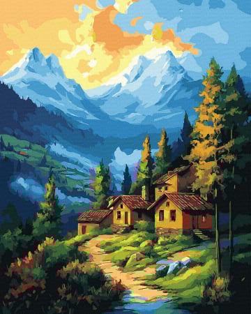 Dimensiune clasica 40x50cm - Set pictura pe numere, cu sasiu, Satuc montan, 40x50 cm