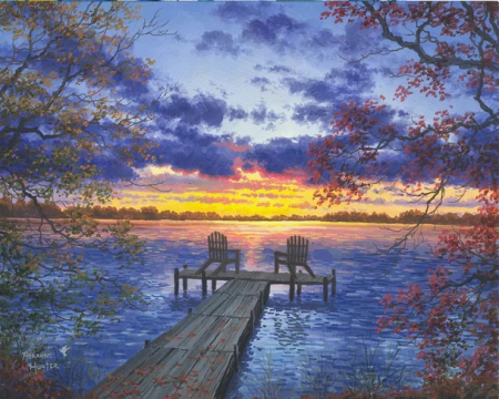 Picturi pe numere 40x50 cm – modele variate pentru toate gusturile - Set pictura pe numere, cu sasiu, Ponton la apus de soare, 40x50 cm