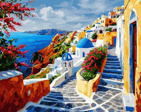 Picturi pe numere - Set pictura pe numere, cu sasiu, Vara rosie in Grecia, 40x50 cm