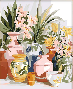 Picturi pe numere 40x50 cm – modele variate pentru toate gusturile - Set pictura pe numere, cu sasiu, Vase de lut si flori, 40x50 cm