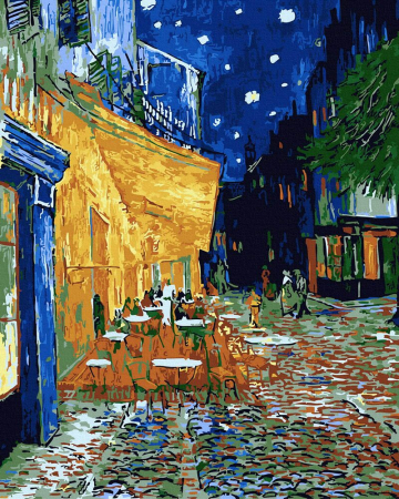 Dimensiune clasica 40x50cm - Set pictura pe numere, cu sasiu, Terasa cafenelei noaptea - Van Gogh, 40x50 cm