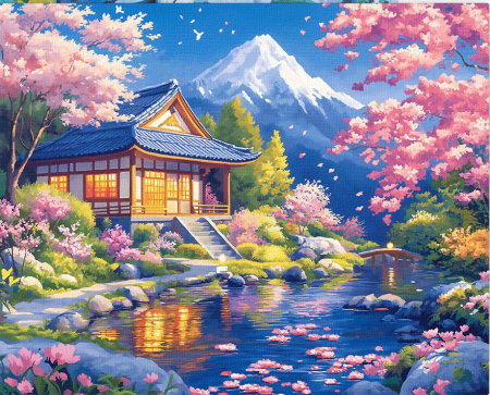 Set pictura pe numere, cu sasiu, Casa si sakura langa rau, 40x50 cm [0]