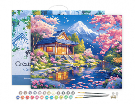 Set pictura pe numere, cu sasiu, Casa si sakura langa rau, 40x50 cm [1]