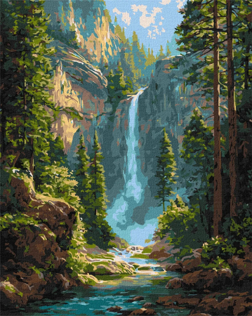 Picturi pe numere - Set pictura pe numere, cu sasiu, Luminis cu cascada, 40x50 cm