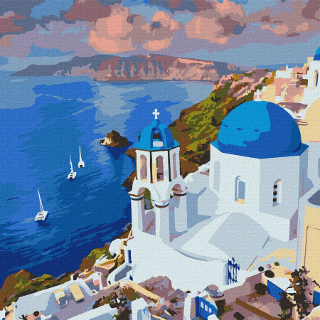 Picturi pe numere triptice și dimensiuni mari – tablouri cu impact vizual - Set pictura pe numere, cu sasiu, Vedere din Santorini, 50x50 cm