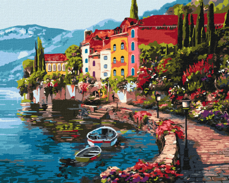 Dimensiune clasica 40x50cm - Set pictura pe numere, cu sasiu, Dimineata pe malul lacului, 40x50 cm