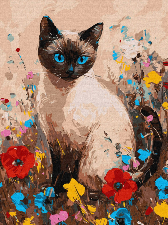 Picturi pe numere - Set pictura pe numere, cu sasiu, Siameza si flori, 30x40 cm