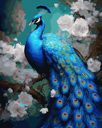 Dimensiune clasica 40x50cm - Set pictura pe numere, cu sasiu, Paun in flori, 40x50 cm