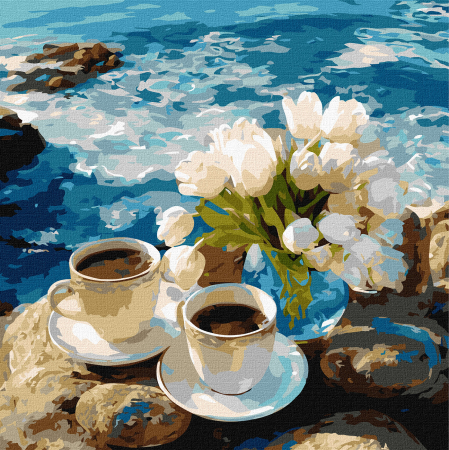 Picturi pe numere - Set pictura pe numere, cu sasiu, Cafea, lalele si mare, 40x40 cm