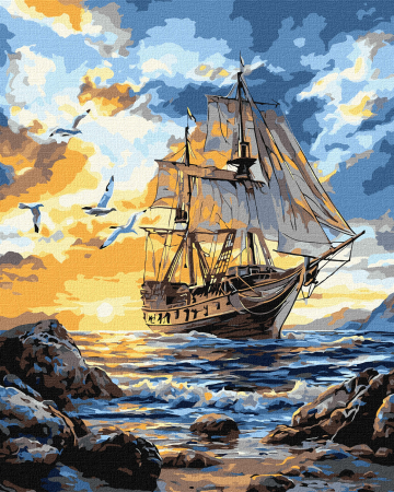 Dimensiune clasica 40x50cm - Set pictura pe numere, cu sasiu, Pasari si vele, 40x50 cm