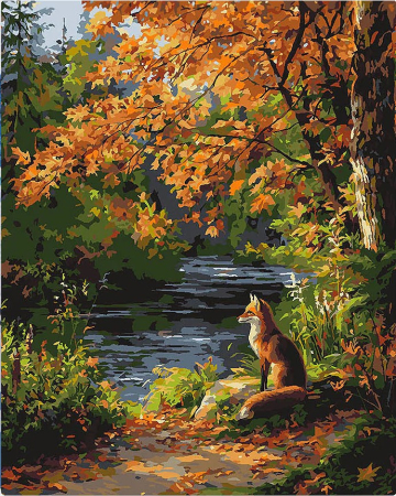 Picturi pe numere 40x50 cm – modele variate pentru toate gusturile - Set pictura pe numere, cu sasiu,  Vulpe langa rau, 40x50 cm