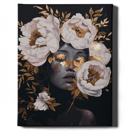 Set pictura pe numere, cu sasiu, Fata cu bujori albi- canvas negru, 40x50 cm [3]